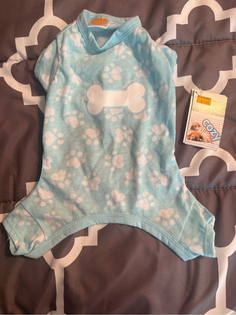 Light Blue Paw-Print Dog Onesie with White Bone Accent